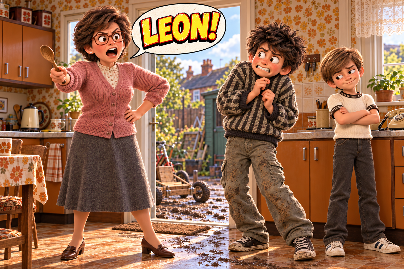 Mum shouts LEON! in the family kitchen as muddy Leon takes the blame and Mark smiles innocently