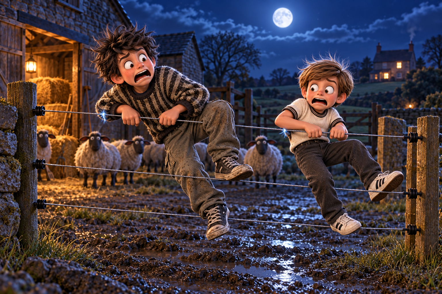 Leon and Mark get a surprise while climbing an electric fence beside a sheep barn at night
