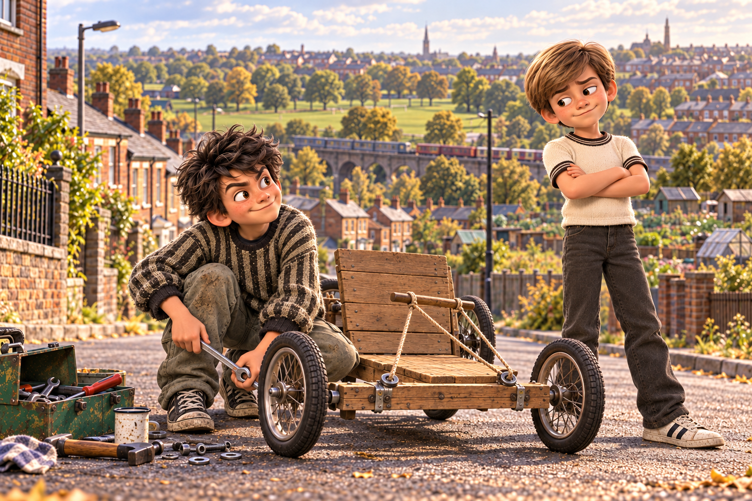 Leon repairs a homemade wooden go-kart while his younger brother Mark looks on with a knowing smile