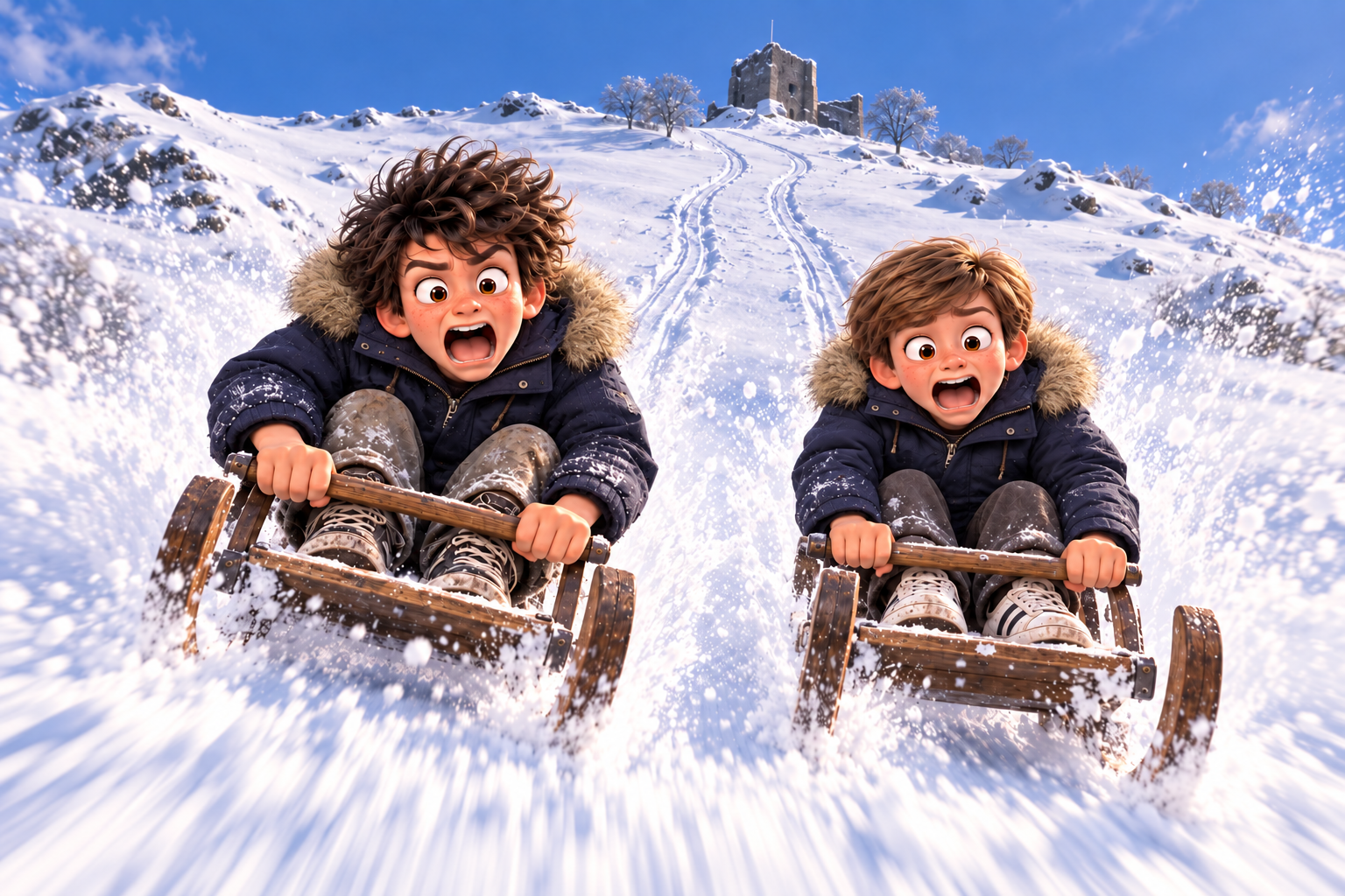 Leon and Mark race downhill on wooden sledges beneath snow-covered Clitheroe Castle