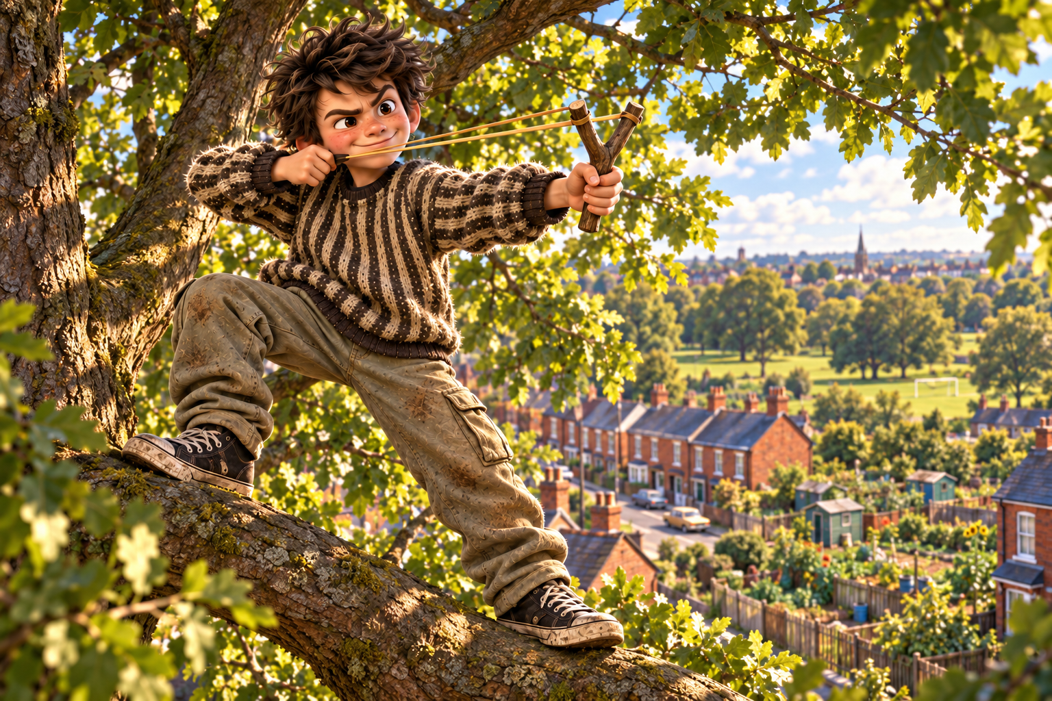 Leon sits in a leafy tree with a homemade catapult above a Lancashire street