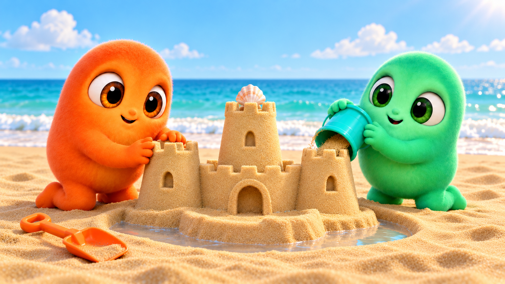 Popi and Pom building a sandcastle