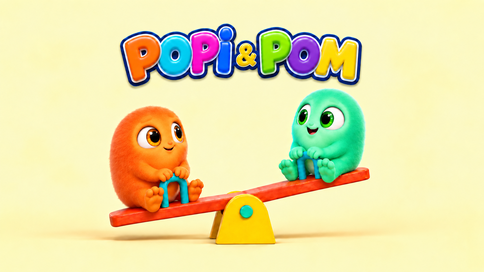 Popi and Pom playing together on a seesaw
