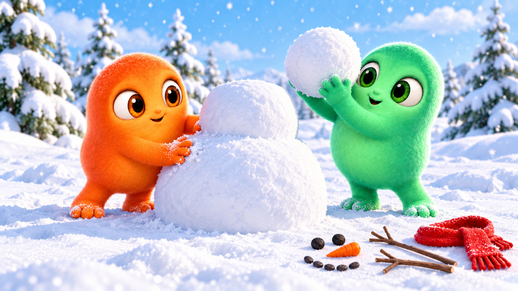 Popi and Pom building a snowman