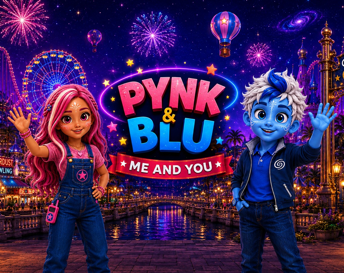 Pynk and Blu welcoming visitors to Greenwood Galaxy Studios